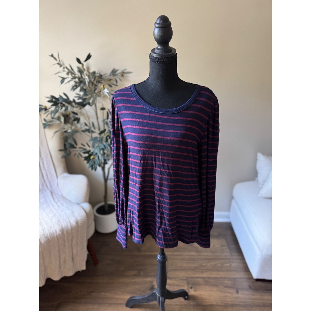 White House Black Market Navy Burgundy Striped Puff Sleeve Smocked Cuff Top M